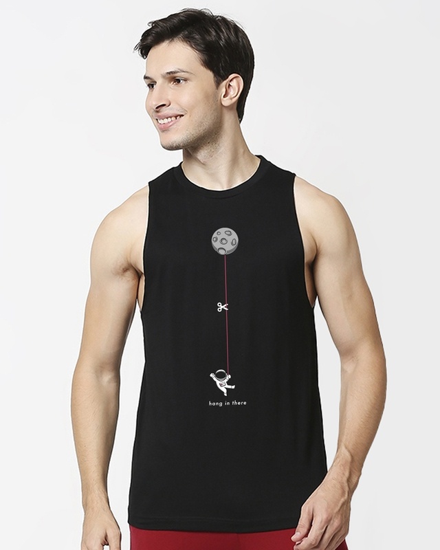 Shop Men's Black Hangin Astronaut Graphic Printed Deep Armhole Oversized Vest-Front