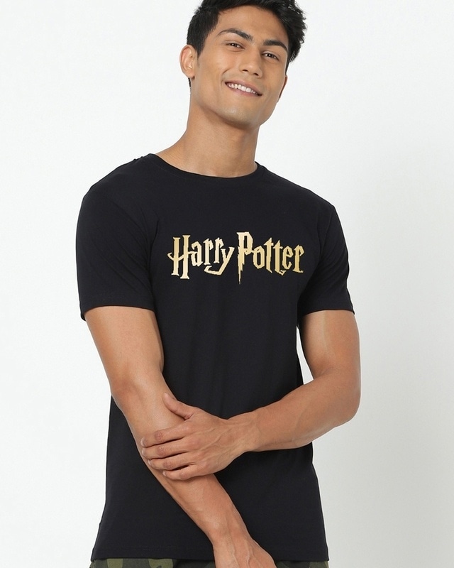 Shop Men's Black Harry Potter Logo Graphic Printed T-shirt-Front