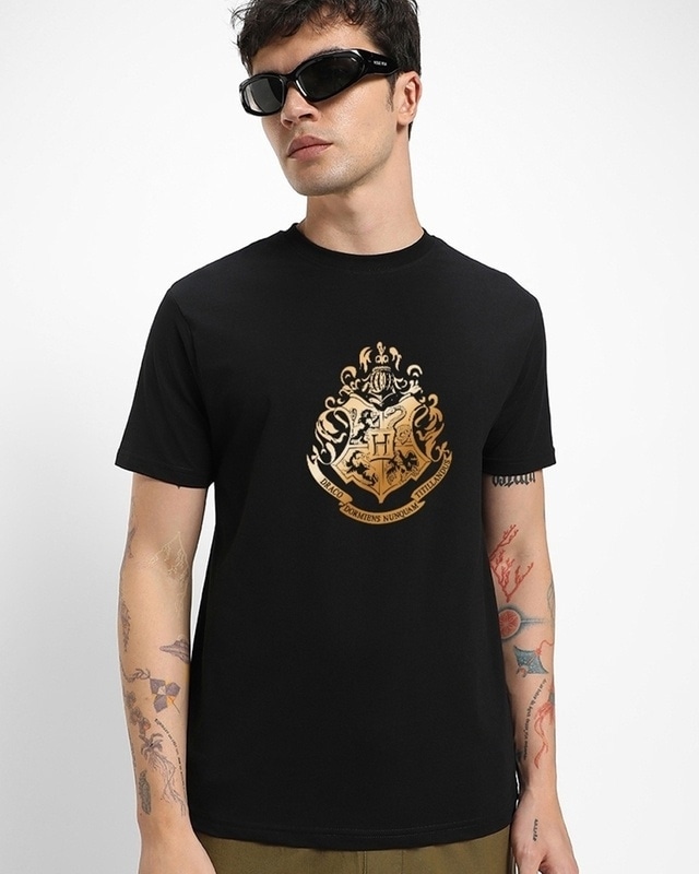 Shop Men's Black Hogwarts Badge Graphic Printed T-shirt-Front