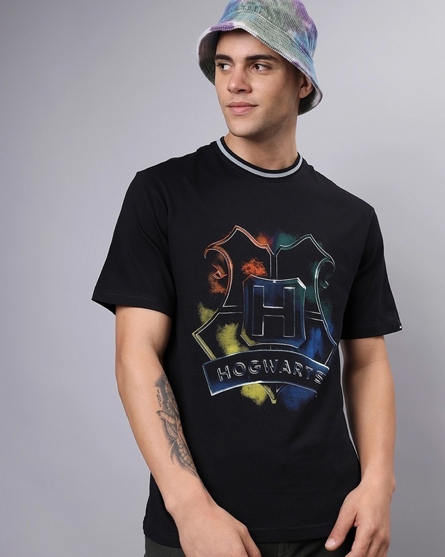 Shop Men's Black Hogwarts Logo Graphic Printed Oversized T-shirt-Front