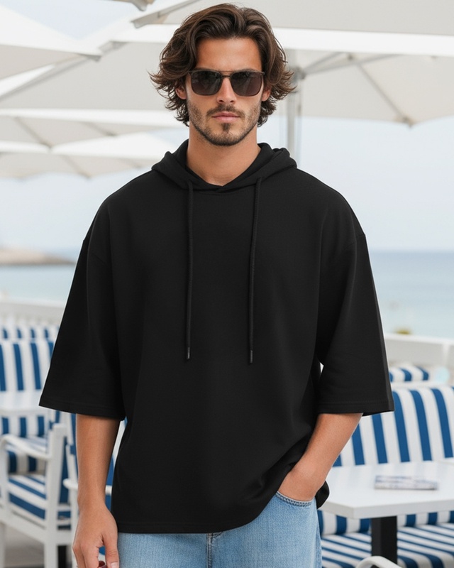 Shop Men's Black Hoodie T-shirt-Front