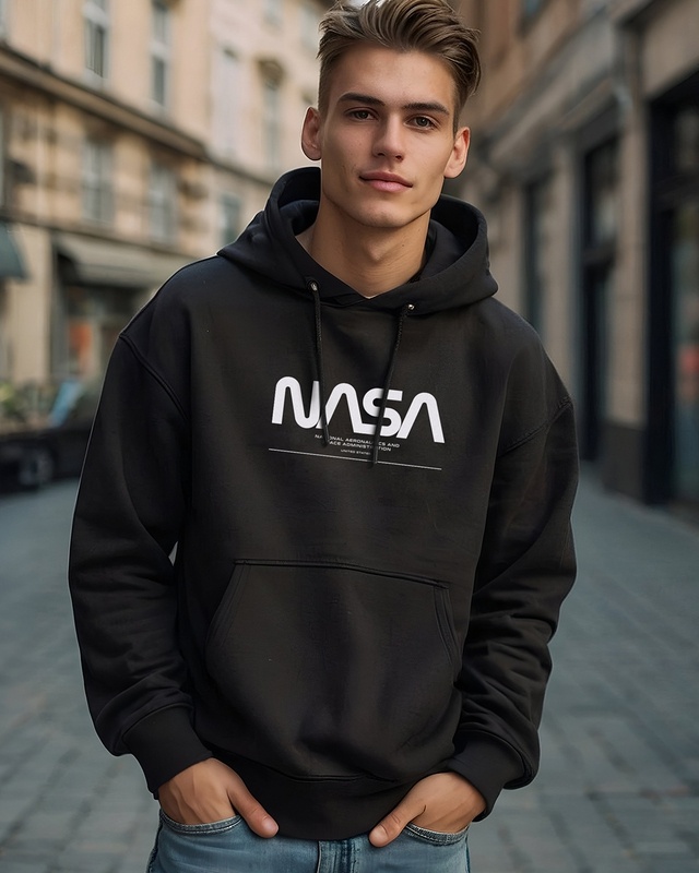 Buy Men s Black NASA Typography Oversized Hoodies Online at Bewakoof