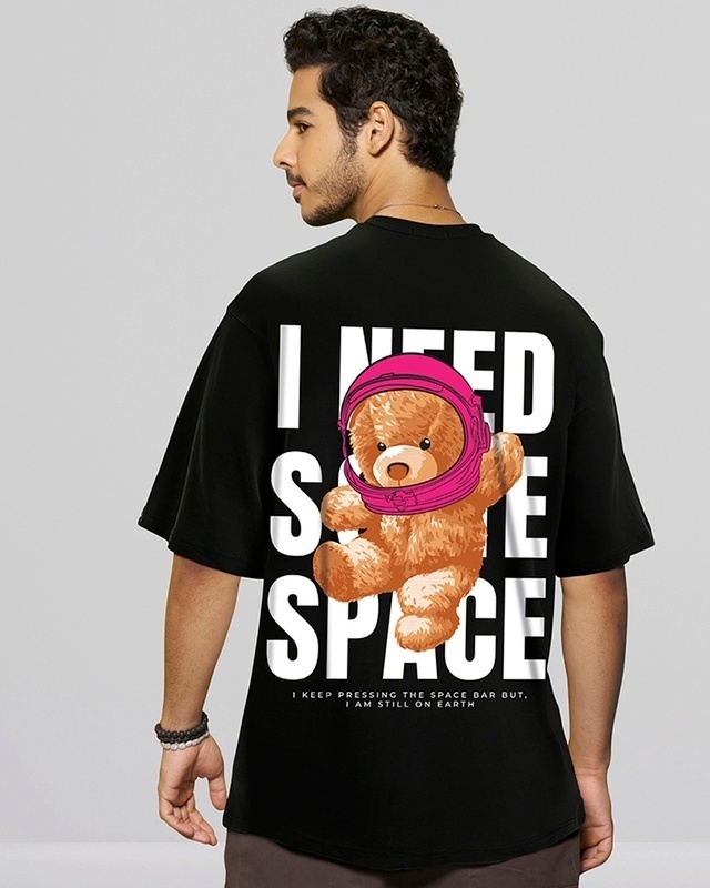 Shop Men's Black I Need Some Space Teddy Graphic Printed Oversized T-shirt-Front