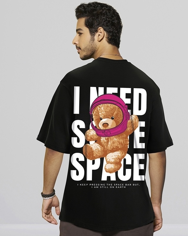 Shop Men's Black I Need Some Space Teddy Graphic Printed Oversized T-shirt-Front