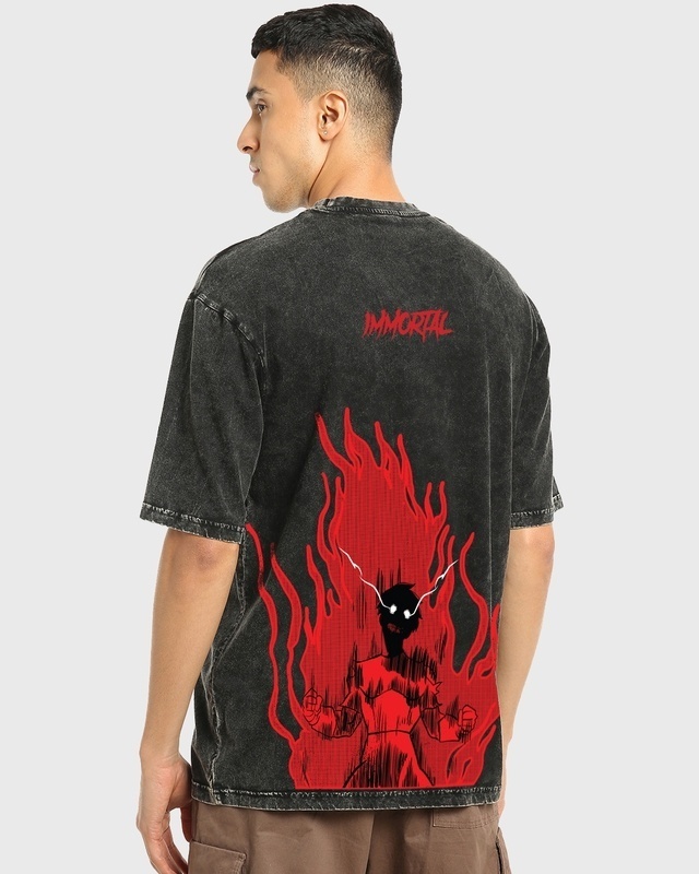 Shop Men's Black Immortal Graphic Printed Oversized Acid Wash T-shirt-Front