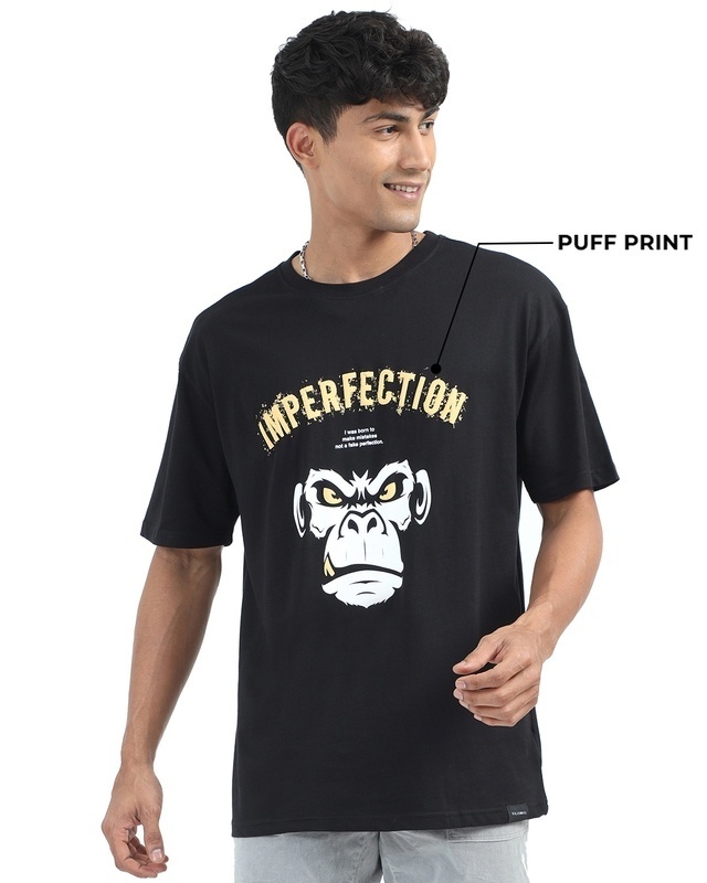 Shop Men's Black Imperfection Puff Printed Oversized T-Shirt-Front