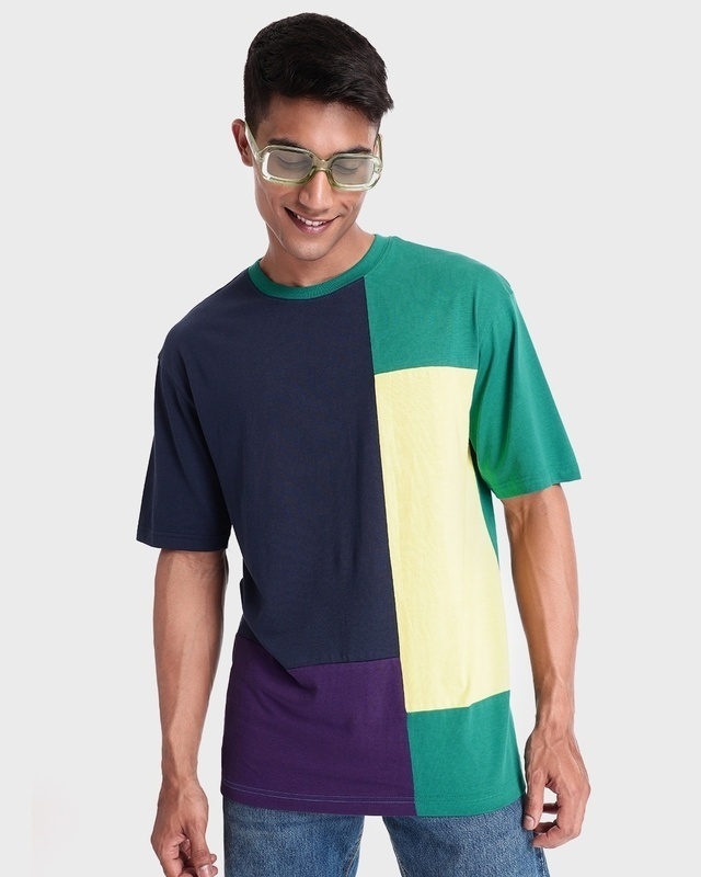 Shop Men's Blue & Green Color Block Oversized T-shirt-Front