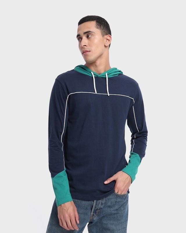 Shop Men's Black Iris & Kayaking Color Block Hoodie T-shirt-Front