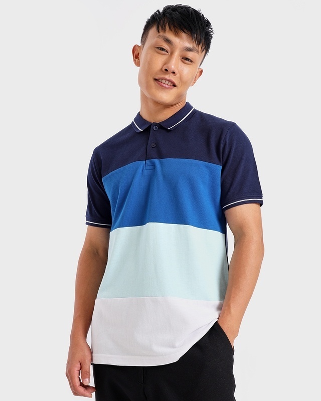 Shop Men's Blue Color Block Polo T-shirt-Front