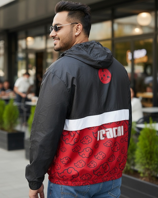 Shop Men's Black Itachi Graphic Printed Oversized Plus Size Windcheater Jacket-Front