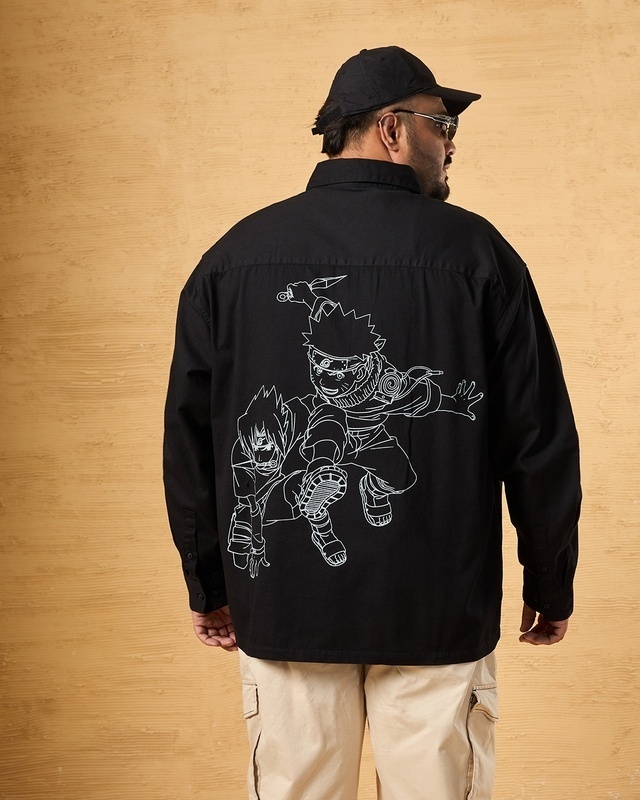 Shop Men's Black Graphic Printed Oversized Plus Size Shirt-Front