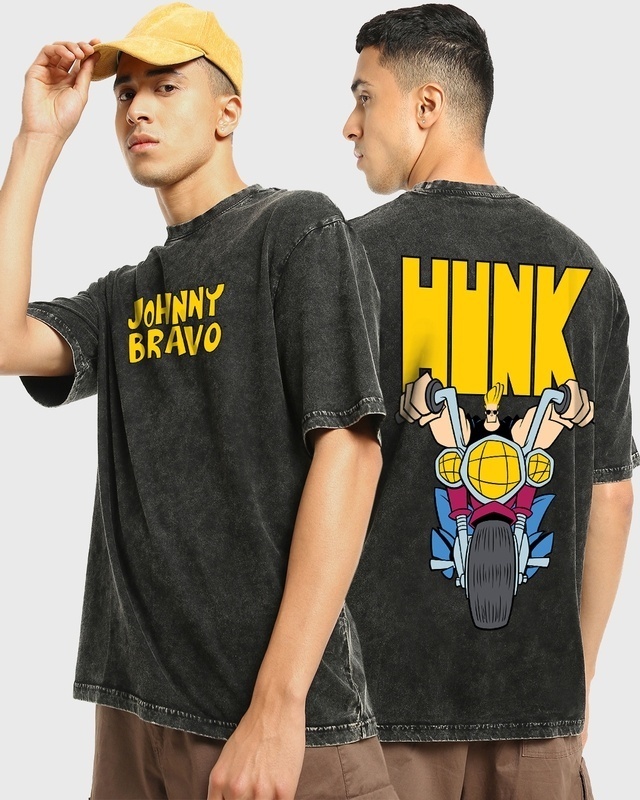 Shop Men's Black Johnny Bravo Graphic Printed Oversized Acid Wash T-shirt-Front