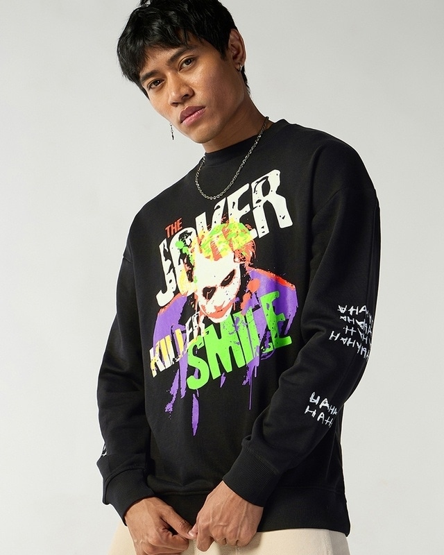 Shop Men's Black Joker Smile Graphic Printed Oversized Sweatshirt-Front