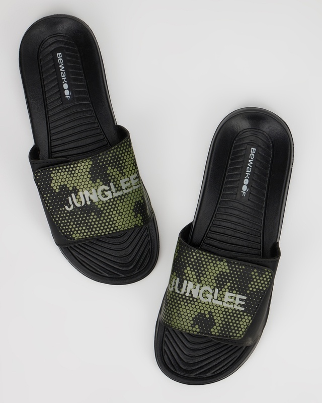 Shop Men's Black Junglee Printed Velcro Sliders-Front