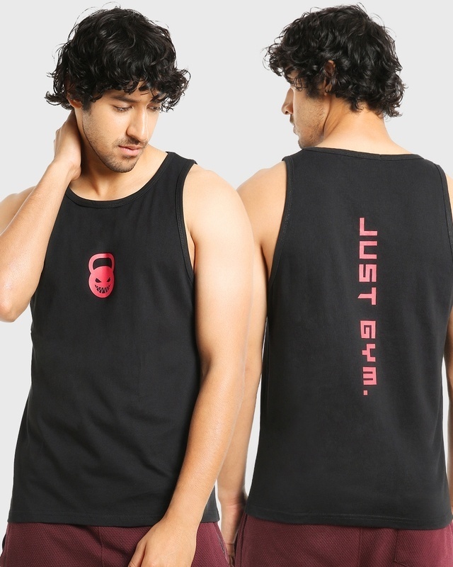 Shop Men's Black Just Gym Typography Oversized Vest-Front