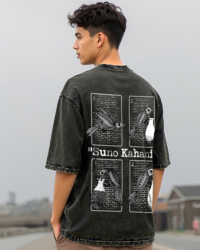 Shop Men's Black Kahani Graphic Printed Oversized Acid Wash T-shirt-Front