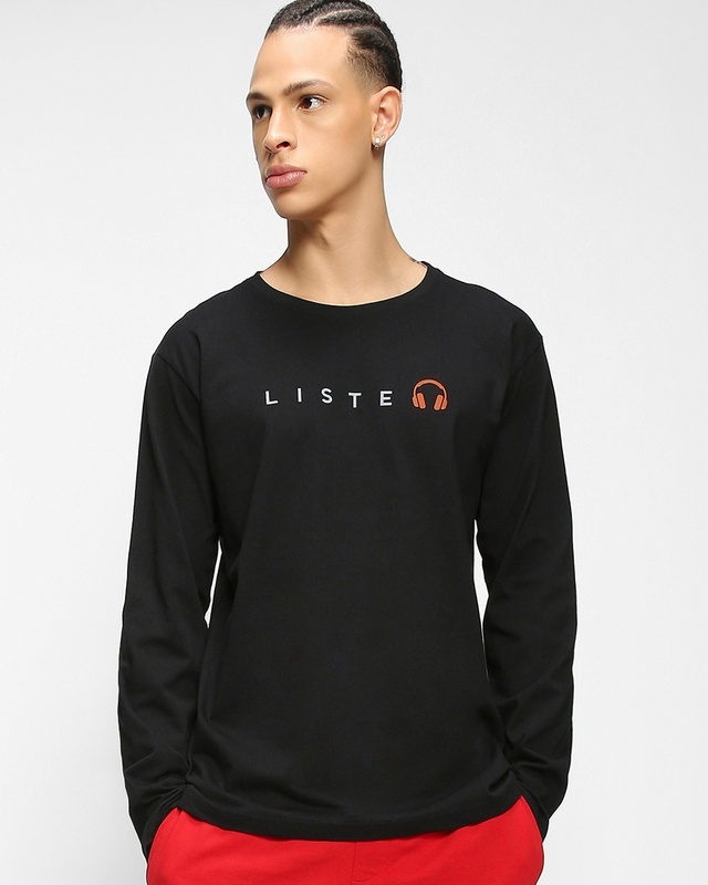 Shop Men's Black Keep Listening Typography T-shirt-Front