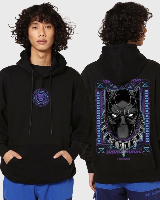Shop Men's Black King Black Panther Graphic Printed Oversized Hoodie-Front