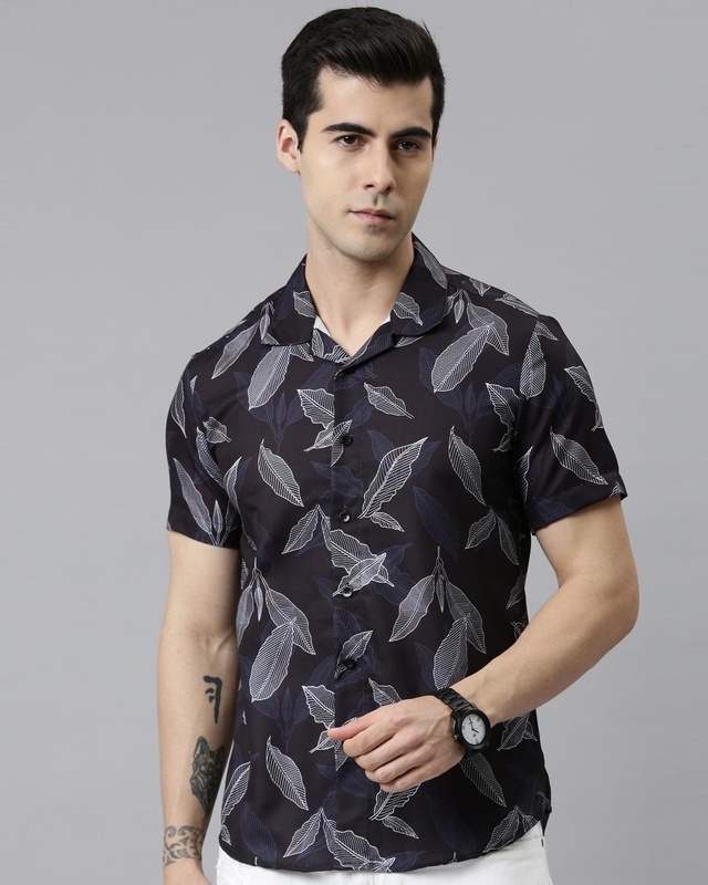Shop Men's Black Leaf Printed Slim Fit Shirt-Front