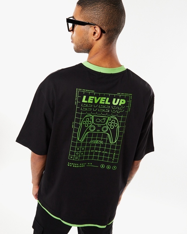 Shop Men's Black Level Up Typography Oversized Fit T-shirt-Front