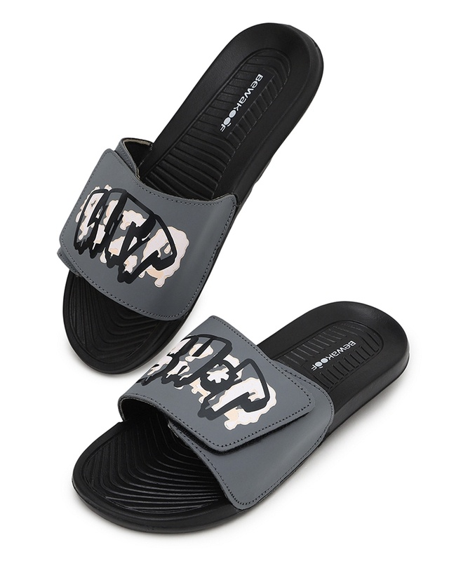 Shop Men's Black Litt Shit Printed Velcro Sliders-Front