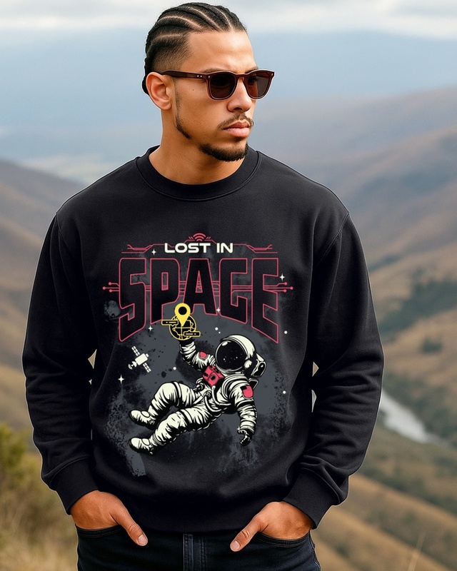 Men's Black Lost In Space Graphic Printed Oversized Sweatshirt-Front Bewakoof Shop Men's Black Lost In Space Graphic Printed Oversized Sweatshirt-Front