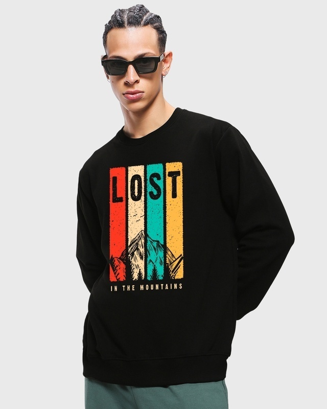 Shop Men's Black Lost In The Mountains Graphic Printed Sweatshirt-Front
