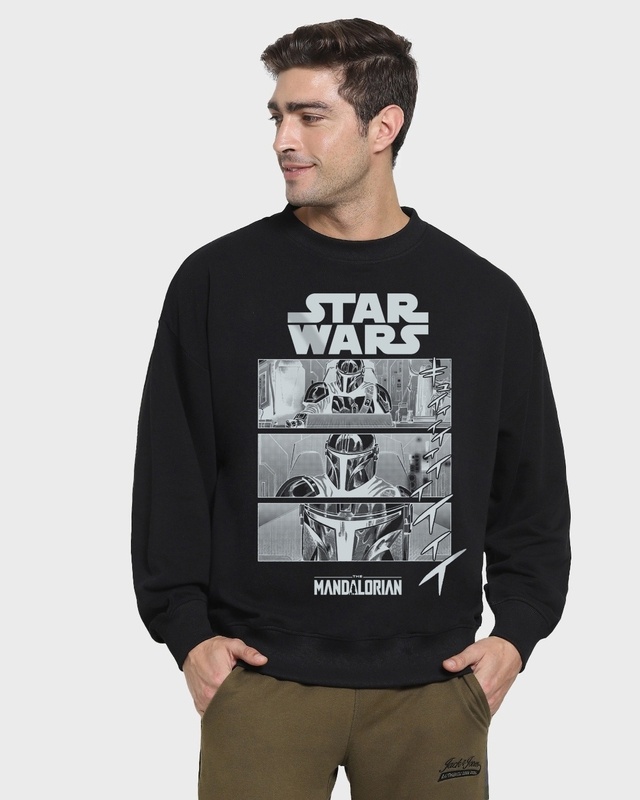 Shop Men's Black Mando Graphic Printed Oversized Sweatshirt-Front