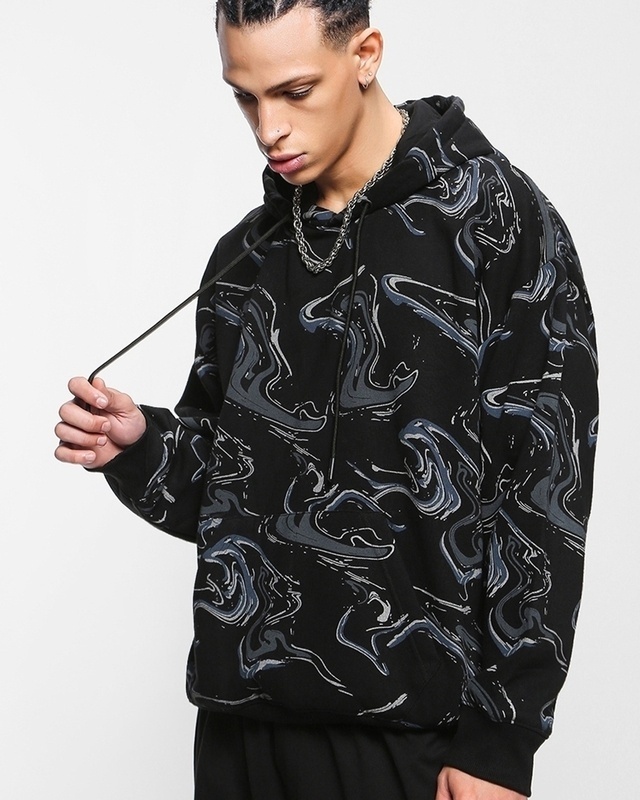 Shop Men's Black Marble Printed Oversized Hoodies-Front