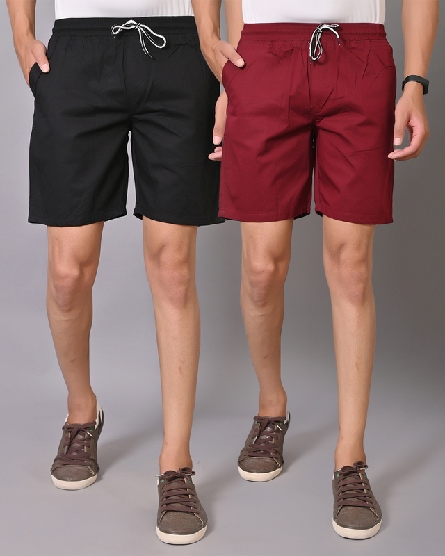Shop Men's Black & Maroon Shorts (Pack of 2)-Front