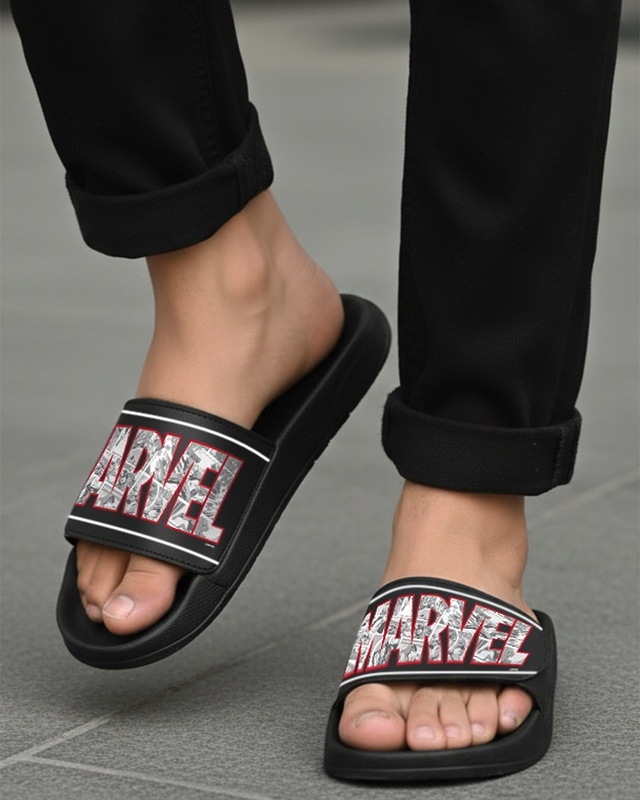 Shop Men's Black Marvel Printed Velcro Sliders-Front