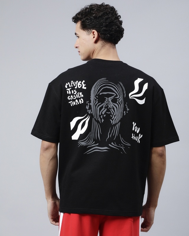 Shop Men's Black Maybe It's Easier Than You Think Reflective Printed Oversized T-shirt-Front