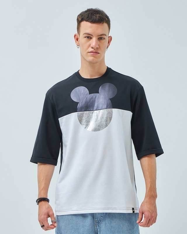Shop Men's Black & White Mickey Graphic Printed Super Loose Fit Plus Size T-shirt-Front