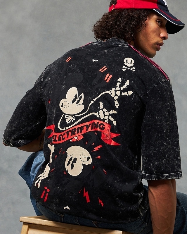 Shop Men's Black Mickey Graphic Printed Super Loose Fit T-shirt-Front