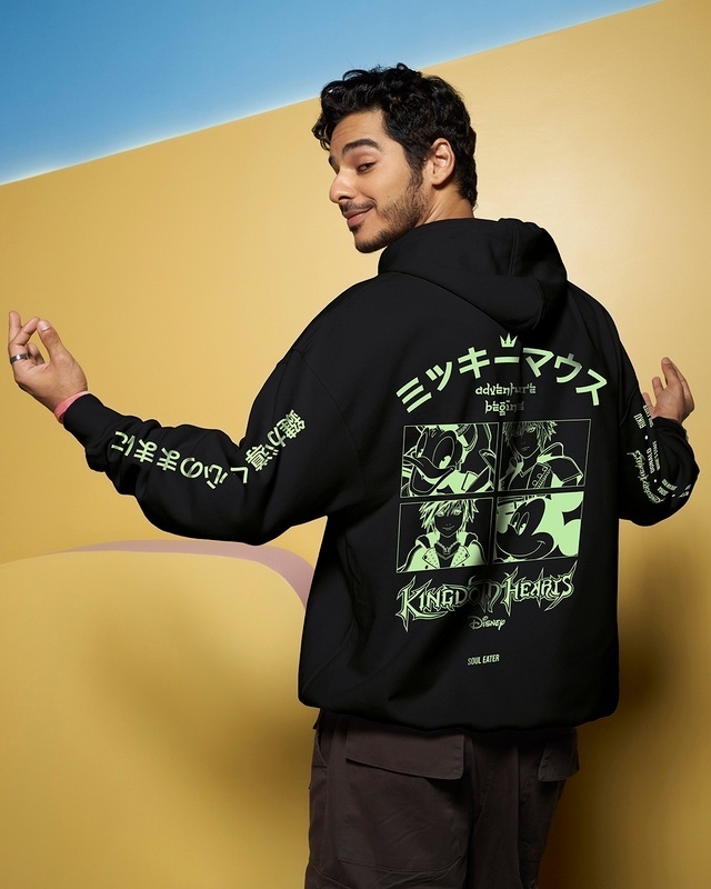 Shop Men's Black Mickey's Kingdom Graphic Printed Oversized Hoodies-Front