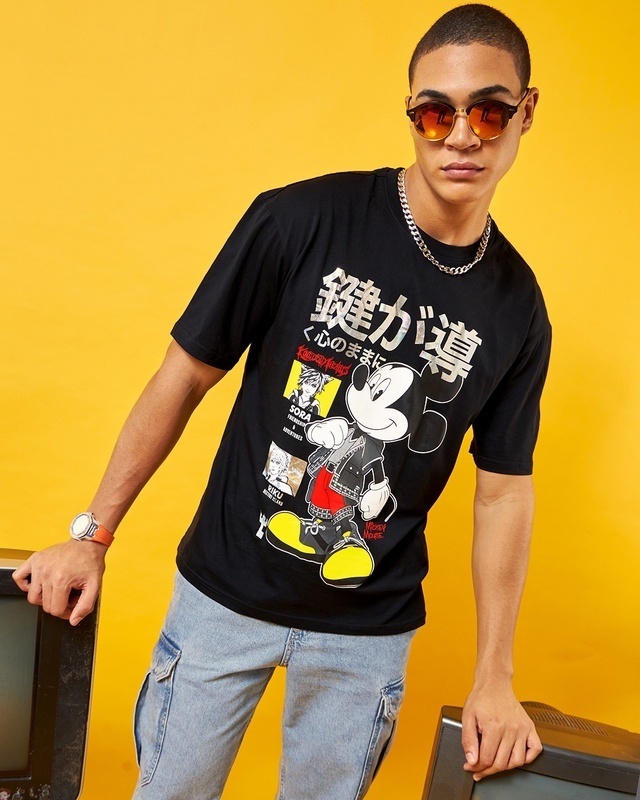 Shop Men's Black Mickey Star Graphic Printed Oversized T-shirt-Front