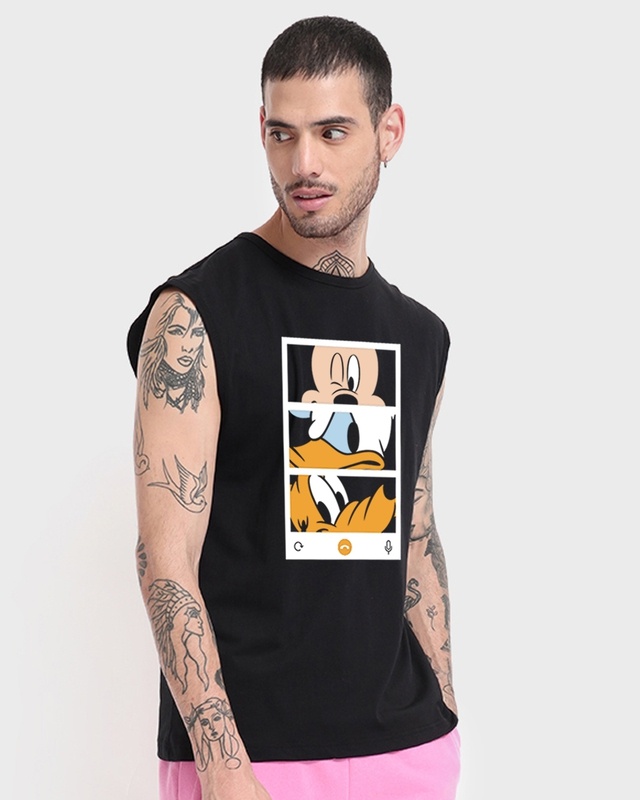 Shop Men's Black Mickey Trio Call (DL) Graphic Printed Super Loose Fit Vest-Front