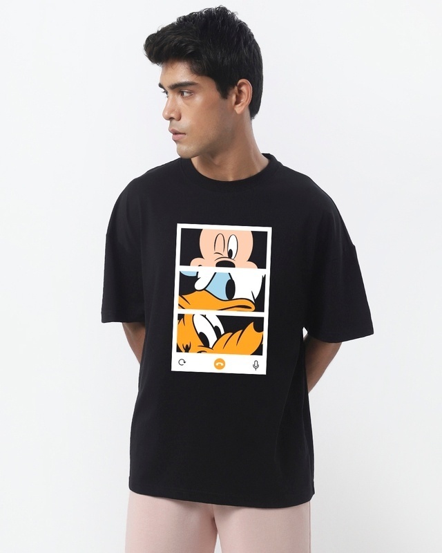 Shop Men's Black Mickey Trio Call Graphic Printed Oversized T-shirt-Front