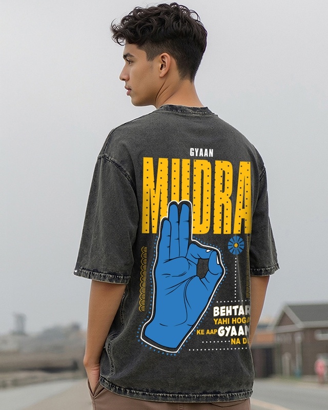 Shop Men's Black Mudra Graphic Printed Oversized Acid Wash T-shirt-Front