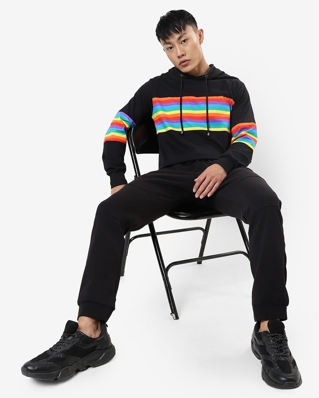 Shop Men's Black Multicolor Stripe Plus Size Hoodie Sweatshirt-Front