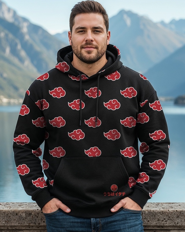 Shop Men's Black Naruto All Over Printed Oversized Plus Size Hoodies-Front
