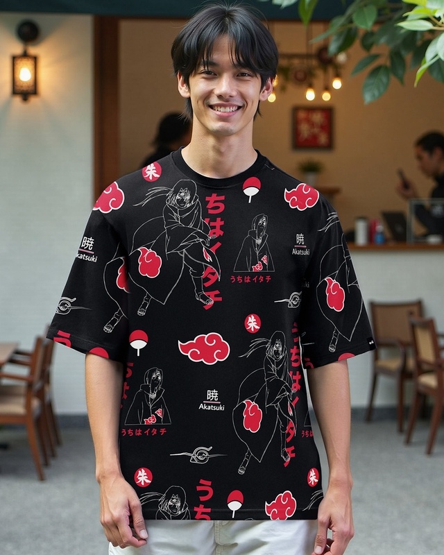 Shop Men's Black Naruto All Over Printed Oversized T-shirt-Front