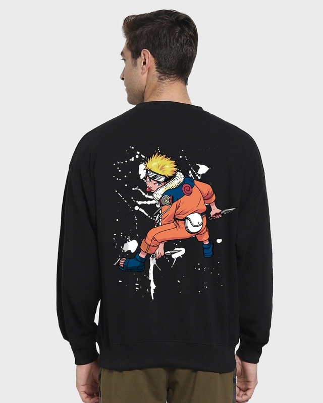 Shop Men's Black Naruto Pose Graphic Printed Oversized Sweatshirt-Front