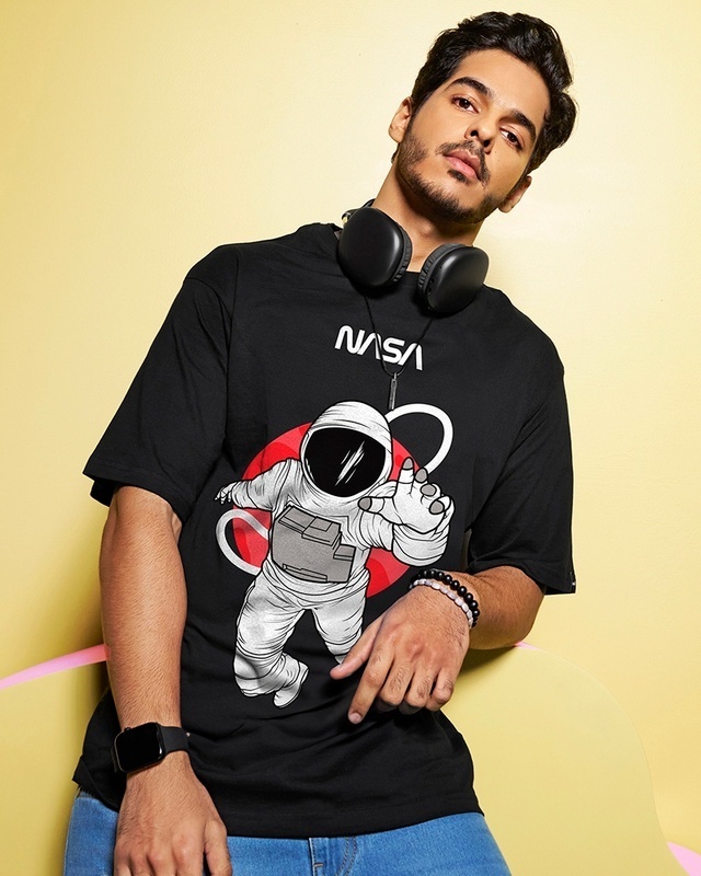 Shop Men's Black NASA Astronaut Graphic Printed Oversized T-shirt-Front