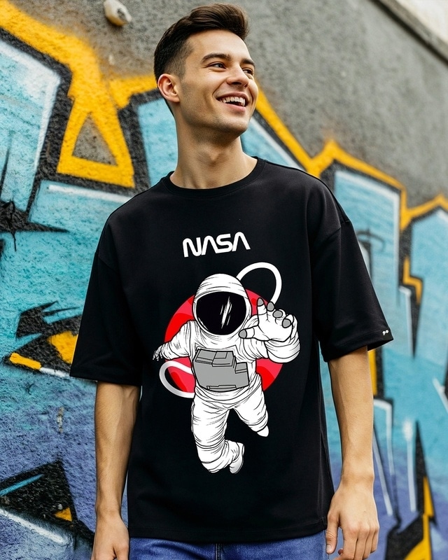 Shop Men's Black NASA Astronaut Graphic Printed Oversized T-shirt-Front