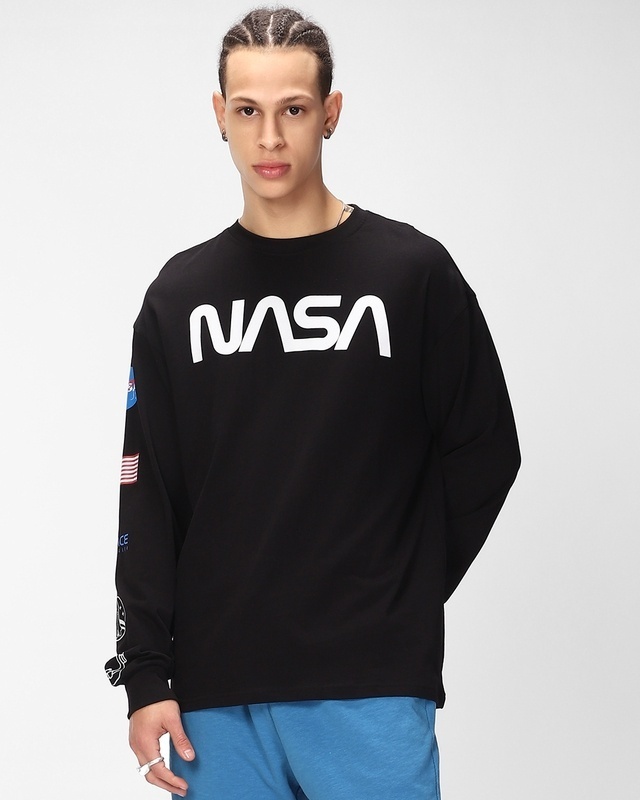 Shop Men's Black NASA Badge Typography Oversized T-shirt-Front