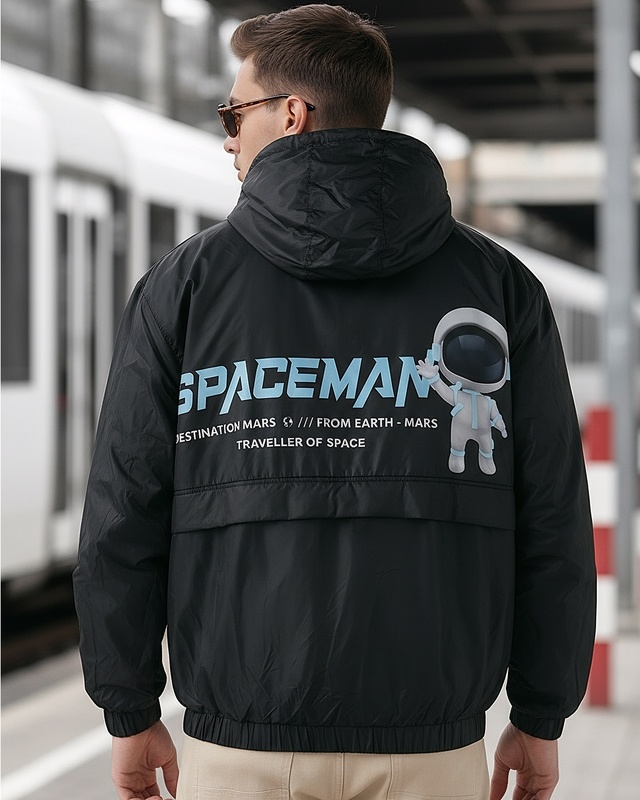 Shop Men's Black Nasa Graphic Printed Oversized Bomber Jacket-Front