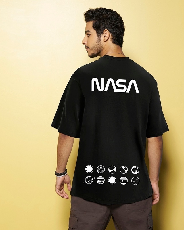 Shop Men's Black NASA Out Of The Space Graphic Printed Oversized T-shirt-Front