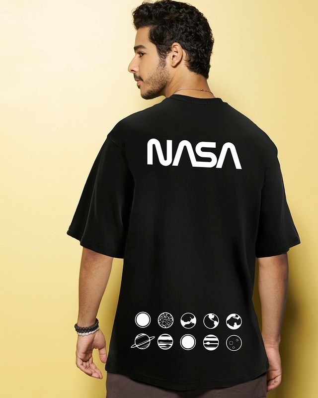 Shop Men's Black NASA Out Of The Space Graphic Printed Oversized T-shirt-Front