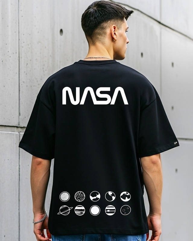 Shop Men's Black NASA Out Of The Space Graphic Printed Oversized T-shirt-Front